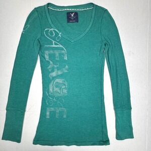 VTG Y2K American Eagle Outfitters Teal Ribbed Shirt Medium V Neck Long Bella EUC